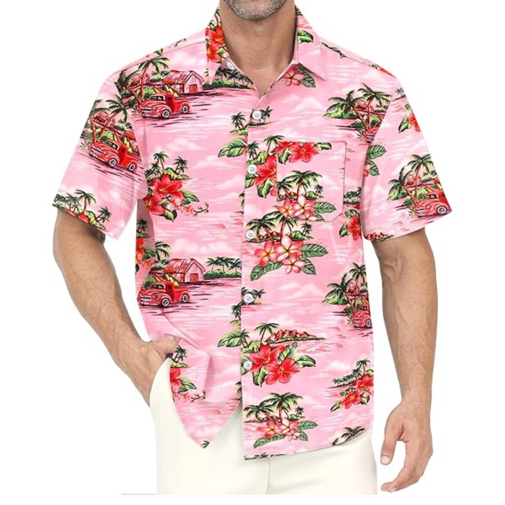Pink Casual Button Down Shirt with Tropical Floral Pattern